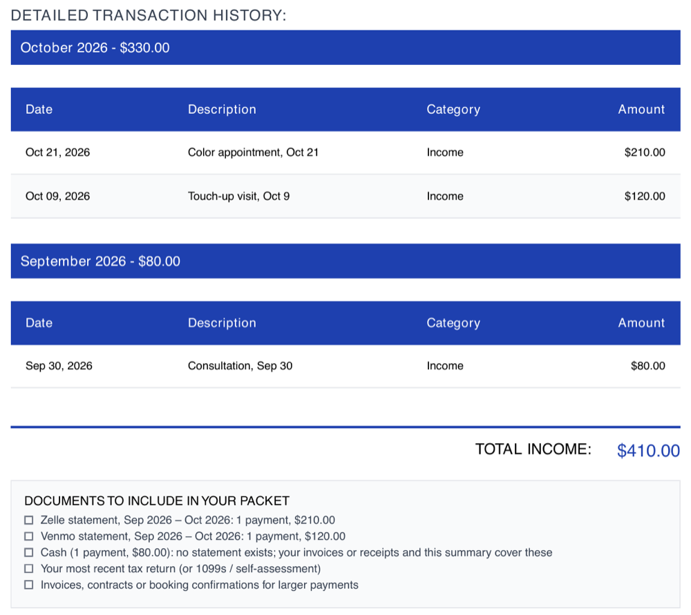 The last page of a Velvet Ledger income packet: payments by month, total income, and a checklist naming a Zelle statement, a Venmo statement, a note that cash has no statement, a tax return, and invoices for larger payments.