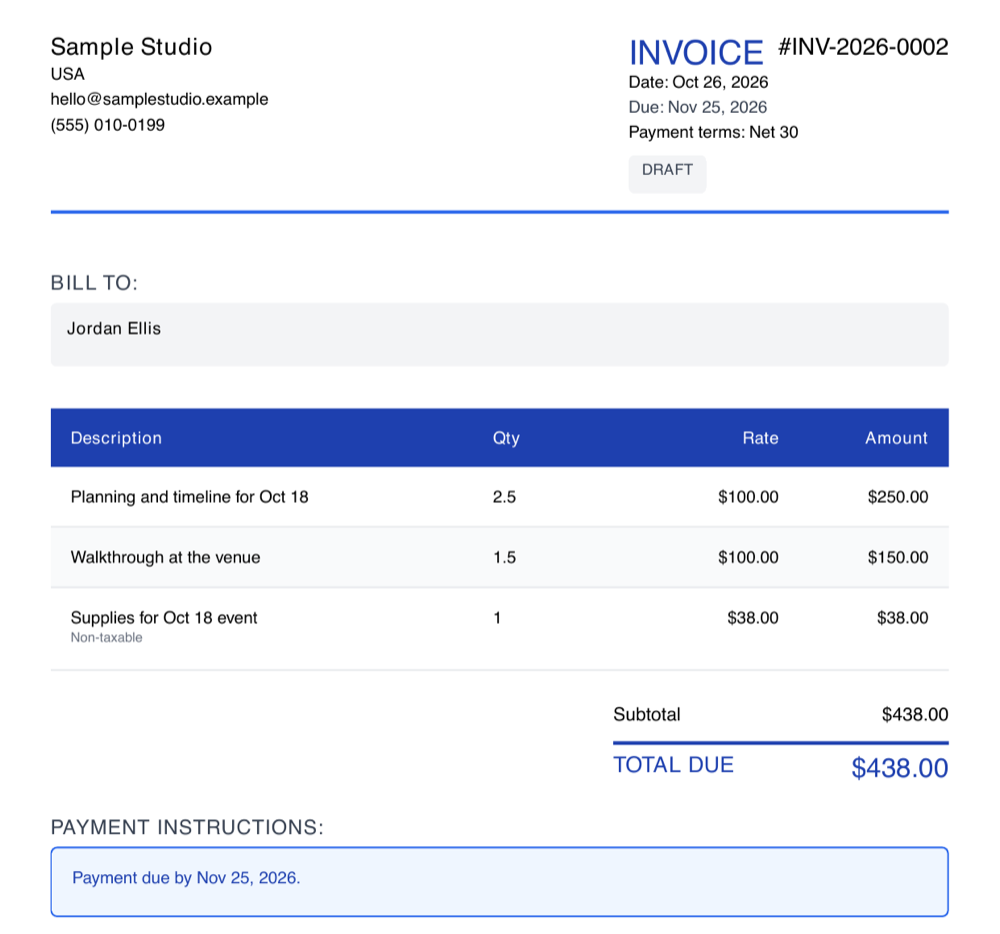An invoice made in Velvet Ledger for a sample client: 2.5 hours of planning and a 1.5-hour walkthrough at $100 an hour, plus $38 of supplies, total due $438, with the business details, invoice number, date, due date and payment terms.