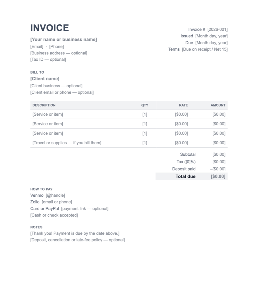 The free invoice template: your details and invoice number at the top, the client below, a table of services with quantity, rate and amount, subtotal, tax, deposit paid and total due, then how to pay and notes.